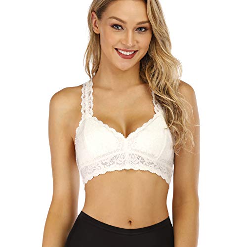 Rolewpy Women's Sexy Lace Bra Removable Padded Racerback Breathable Bralette Bustier Sports Bras (White, M(36A 36B 36C 36D))