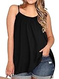 Plus Size Tops for Women Black Loose Casual Flowy Cami Spaghetti Strap Tunic Blouses Camisole(Solid Black, 2X)