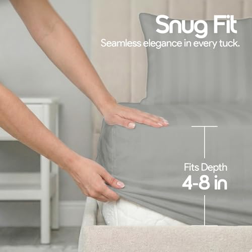 Image of LINENWALAS Cotton 300 TC Fitted Bed Sheet for King Size Bed | Signature 2 CM Sateen Stripe |All-Around Elastic for 4-8 Inch Mattresses | Luxury Hotel-Style Bedding (72 x 78, Silver Grey)