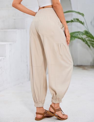 Yesfashion Women's Smocked Waist Harem Pants High Waist Loose Casual Lounge Trousers with Pockets Khaki — view 4