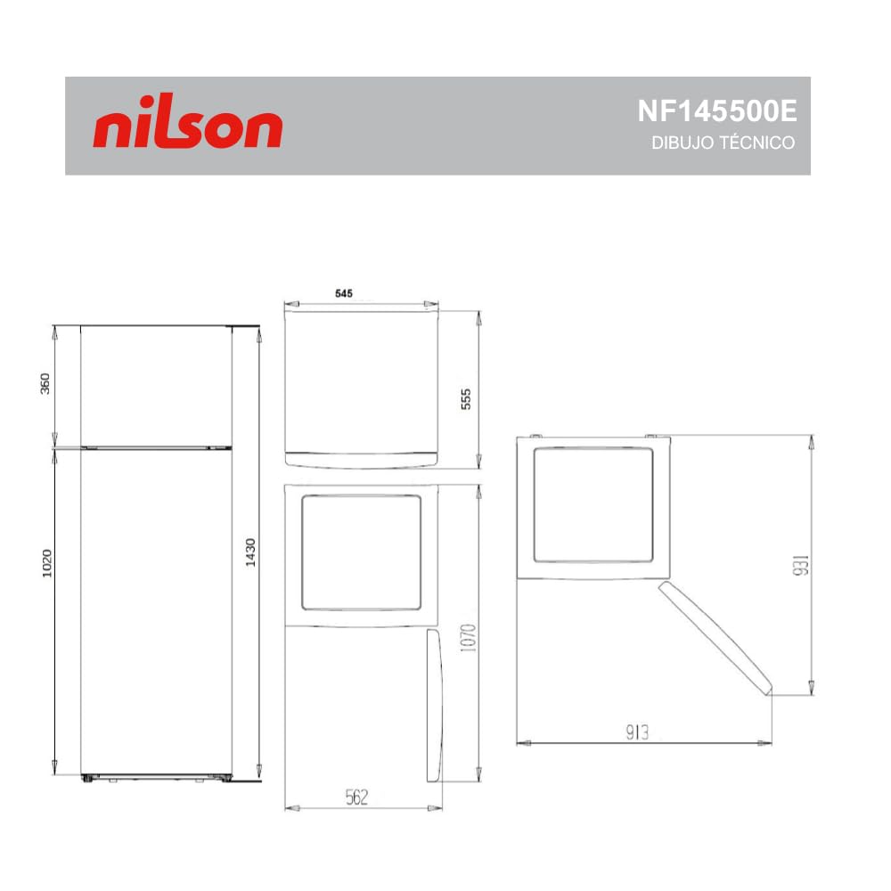 Nilson Réfrigérateur Blanc, 2 Portes. NF145500E, Capacité 206 Litres, Cyclique, Moteur Universel, Niveau Sonore 40 dB, Porte Réversible, Ouverture Sans Poignée, Classe Énergétique E