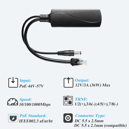 Image of 2.5G 36W PoE Splitter 12V /3A, DC 5.5 * 2.5mm Plug PoE to DC 12V /3A Output, 2.5Gbps Ethernet Comply IEEE802.3bt, Plug and Play for IP Camera, Smart Home (PS5712BG-25)