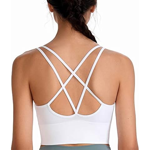 SotRong Womens White Sports Bra Strappy Cross Back Gym Workout Crop Top Wirefree Mid Impact Padded Yoga Fitness Bras S Cover