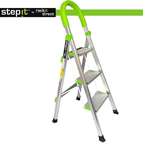 StepIt 3 Step Ladder - Portable Folding Aluminium Three Step Ladder with Deep Steps | 3 Year Warranty | Anti-Slip Soft Grip Step Ladders with Rubber Hand Grip | 150kg Capacity - Small Step Ladder
