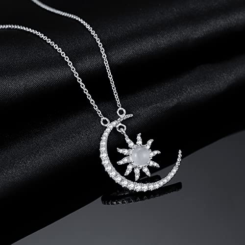 Gem's Beauty White Opal Necklace Genuine 925 Sterling Silver Pendant Moon And Sun Necklaces Bridal Wedding Jewelry Handmade Necklace Christmas Gift For Women Girls 16+2 Inches Extender #TOP2