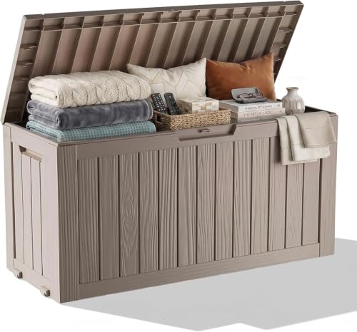 MAIUSCOLI 100 Gallon Resin Outdoor Deck Storage Box Waterproof UV Resistant Durable Large Storage Container for Porch Backyard Balcony Indoor Garden Patio,Grey