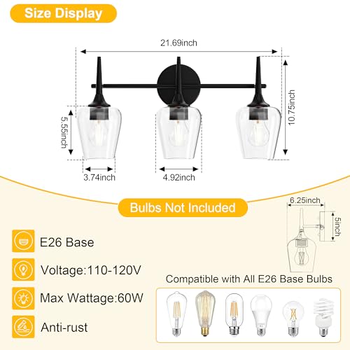Image of Black Vanity Light 3-Light Modern Farmhouse Bathroom Light Fixture with Wine Glass Shades for 24 Inch Mirror, Wall Sconce for Hallway Bedroom