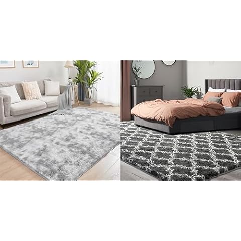Puremy 5x7 Tie Dyed Light Grey Rug and 8x10 Dark Grey Geometric Rug for Room Decor Cover