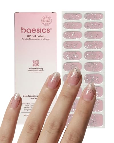 Baesics Film pour ongles Pink Stardust - Gel UV semi-cured - 20 bandes de 10 tailles - Durcissement UV et autocollant - Autocollant pour ongles en gel doux à coller - Kit de manucure DIY longue durée