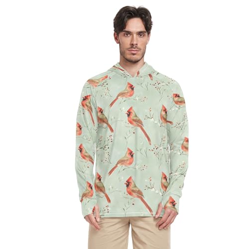 Aesthetic Northern Red Birds Sage Green Mens Sun Hoodies Shirts Long Sleeve Beach Hoodies UPF 50 + Beach Shirt S