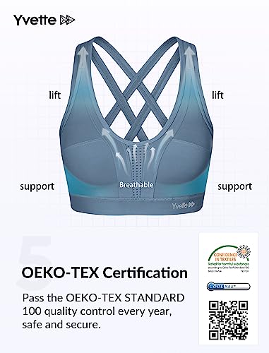 Image of Yvette Women High Impact Sports Bras Criss Cross Back Sexy Running Bra for Plus Size, Lake Blue, M(DF)