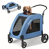 EchoSmile Heavy-Duty Large Dog Stroller with Shock-Absorbing Wheels, Foldable Pet Travel Carrier for Medium & Large Dogs, 5 Mesh Windows, 160 lbs Capacity, Easy Assembly & Storage