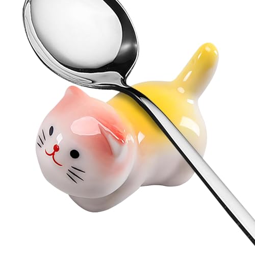 Yuemeuy 猫の箸置き、猫のスプーン置き - セラミック箸ホルダーデスクオーナメント,箸置きと箸置き、箸、フォーク用の猫の置物