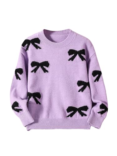 Image of RoseSeek Girl's Bow Graphic Sweaters Crewneck Long Sleeve Knit Pullover Tops Drop Shoulder Knitwear
