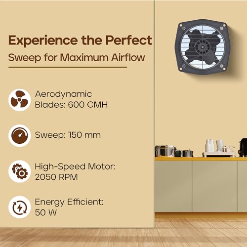 Image of Goldmedal Rapido 150 MM Exhaust Fan | Strong Air Suction | 2050 RPM | High Air Delivery Exhaust fan | Suitable for Kitchen, Bathroom and Office | (Cutout Size: O150 mm)- Grey