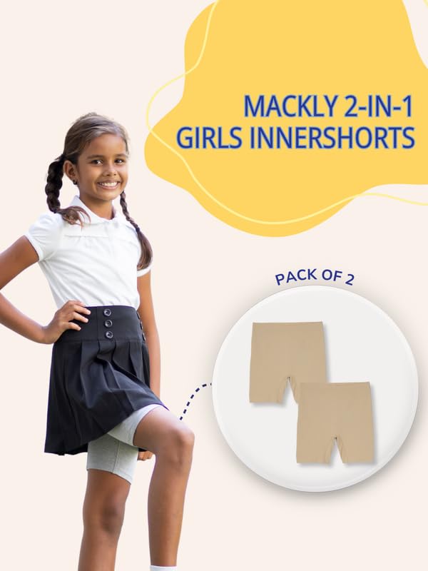 Image of mackly Girls Inner Shorts (Pack of 2) | 2-in-1 Seamless Panty Shorts with Gusset | Soft Breathable Base Layer for Dresses, Skirts