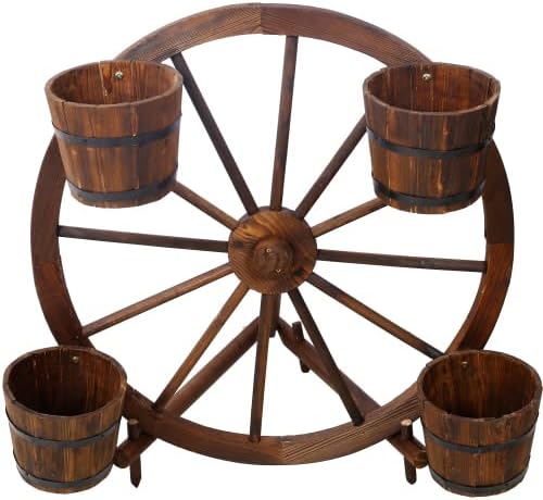 Wooden Wagon Planter Box, Garden Planter with Wheels,Decorative Planter for Flowers Herbs Vegetables for Indoor & Outdoor Décor. (Wagon Wheel Barrel Planter Display)