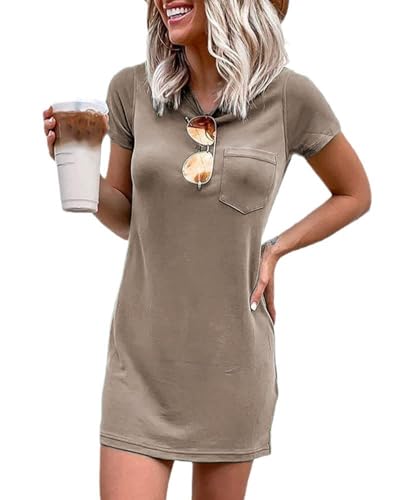 Image of Ladiyo Women T Shirt Dress Summer Fashion Mini Dress Crew Neck Short Sleeve Dress Solid Color Casual Dress with Pocket