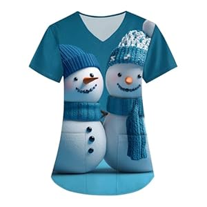 Christmas Scrubs for Women Santa Claus Print Tops for Women V Neck Cartoon Pattern Short Sleeve Nursing Tops with Pockets