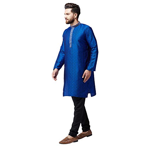 Image of SOJANYA (Since 1958 Mens Maroon Jacquard Silk Kurta and Black Churidaar Pyjama Set