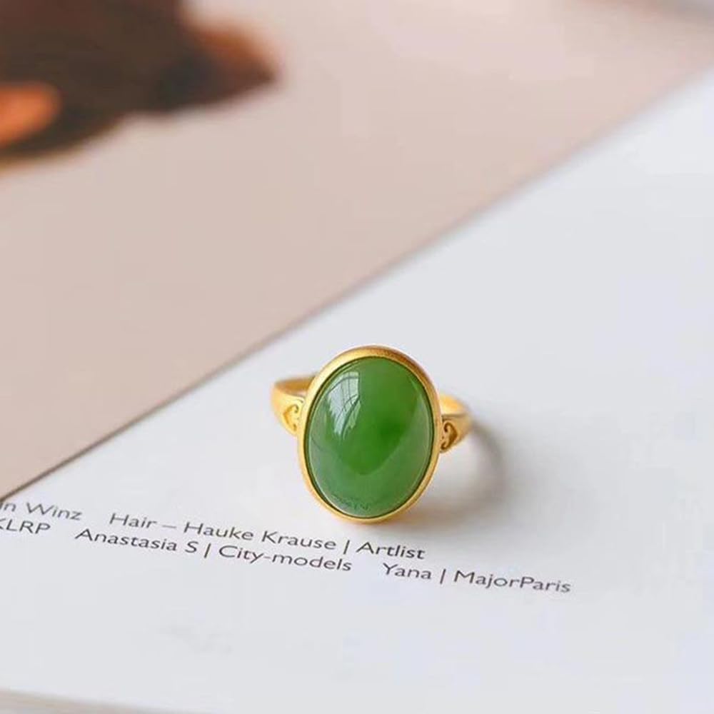 Vesppears Natural Feng Shui Green Jade for Women Open Ring Oval Egg Side Ruyi Xiang Yun S925 Silver Gold Plated