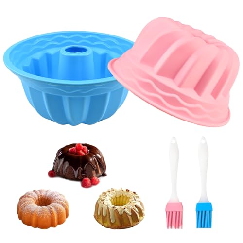 CHICHI:OÜ 2 Stück Gugelhupfform Silikon Ø 24 cm, Temperaturbeständig Gugelhupfform Backformen für -40℃ bis 230℃ Antihaftbeschichtet mit 2 Bürsten, Bundform für Kuchen, Brot