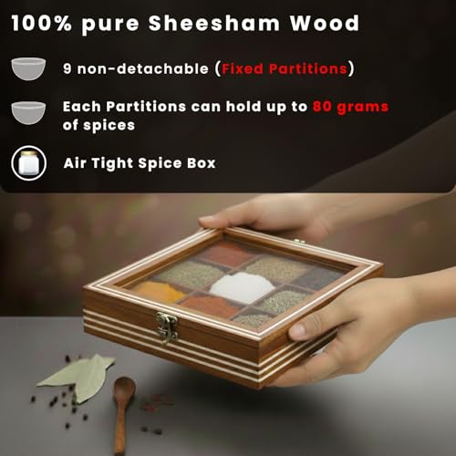 Image of ExclusiveLane Sheesham Wooden Spice Box for Kitchen with Spoon (9 Non-Detachable Compartments, Each Compartments : 80 gram) | Masala Container Spice Box Wooden Namak Dani for Kitchen Masala Box Wooden