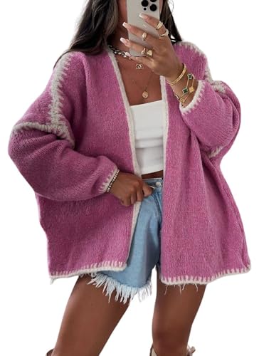 Image of chouyatou Women Fall Open Front Color Block Cardigan Sweater Casual Striped Chunky Knit Oversized Cardigan