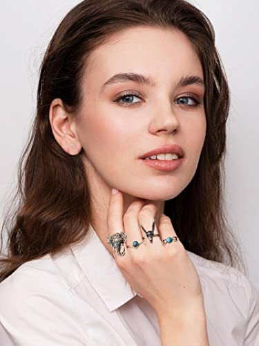 Long Tiantian Turquoise Ring Set For Women Vintage Western Rings Jewelry Bohemian Summer Beach Rings For Teen Girls Silver Turquoise Knuckle Stacking Rings(Set G) #TOP5