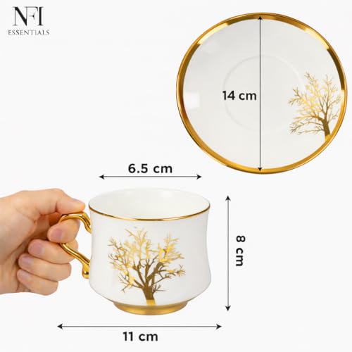 Image of NFI essentials Ceramic Cup & Saucer Set of 6 Pcs, Tea /Coffee Cup, Microwave & Dishwasher Safe, Premium Mug Perfect for Daily Use, Office, Gifting Elegant Golden Color Design 200ML