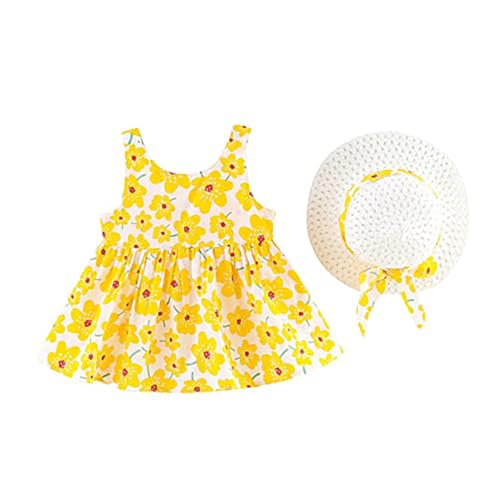 Image of Bold N Elegant Girls Cotton Sleeveless Floral Print Summer Frock Dress with Sun Hat for Preschool Girls