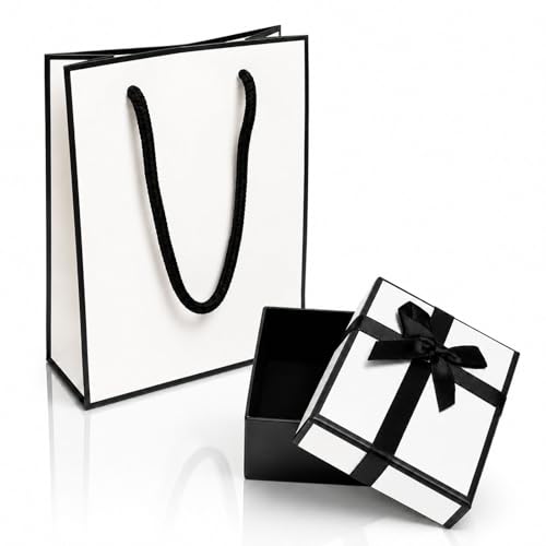 Gift Bag and Gift Box Set 7x9x3cm Premium Black & White Jewellery Box Gift and Paper Gift Bag Elegant Small Gift Bags with Lid for Bracelet Earring Rings Necklaces Earrings Presents