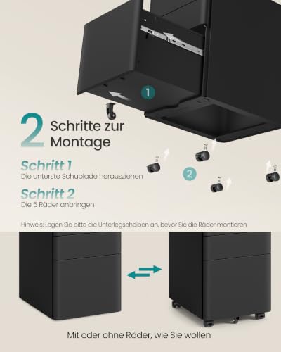 SONGMICS Aktenschrank mit 3 Schubladen, Rollcontainer, Stahl, abschließbar – Ansicht 7