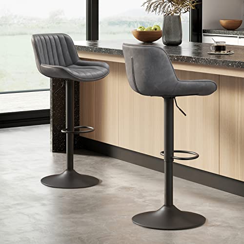 Volans Bar Stools Set Of 4, Mid Century Modern Faux Leather Swivel Adjustable Height Bar Stool, Counter Height Pub Bar Chair With Back, Black Powder Coated Base, Gray #TOP6
