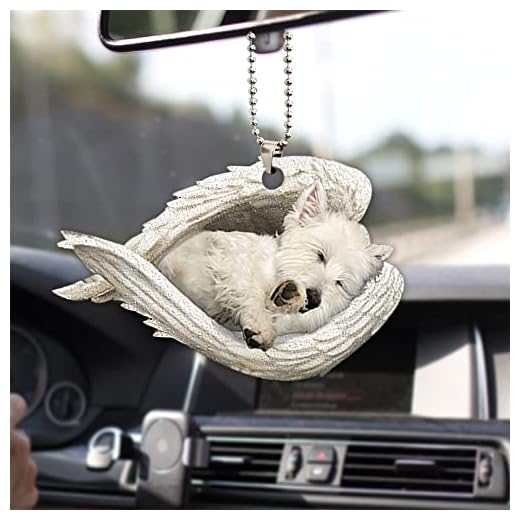 Talataca White West Highland Terrier Sleeping Angel Wing Westie Memorial 2D Flat Car Rear View Mirror Accessories Christmas Tree Ornament Decoration Hanging Charm Interior Rearview Pendant Decor Gift