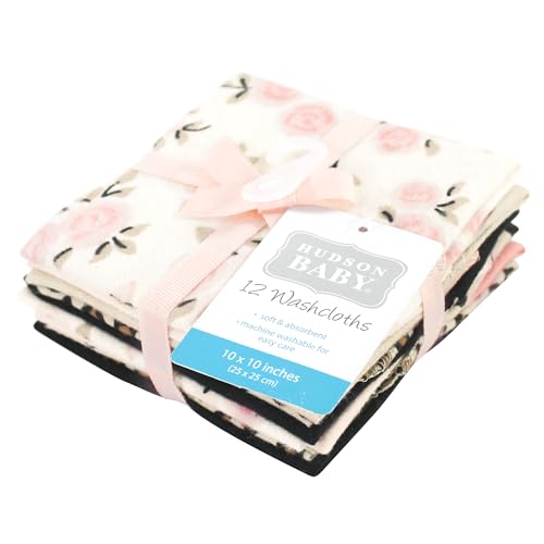 Image of Hudson Baby Unisex Baby Flannel Cotton Washcloths, Neutral Pink Floral 12 Pack, One Size