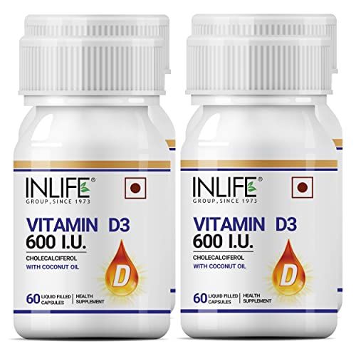 INLIFE Vitamin D3 600 IU Cholecalciferol Supplement with Coconut Oil for Better Absorption, For Men & Women, Immunity, Bone Health, Muscles – 60 Liquid Filled Capsules (Pack of 4, 240) INLIFE Vitamin D3 600 IU Cholecalciferol Supplement with Coconut Oil for Better Absorption, For Men & Women, Immunity, Bone Health, Muscles – 60 Liquid Filled Capsules (Pack of 4, 240)
