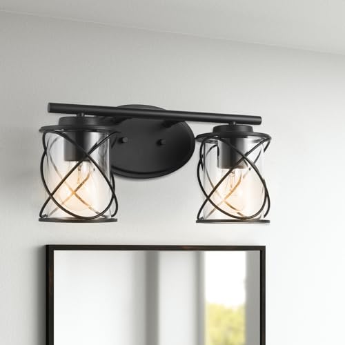 Image of MavCadonF 2-Lights Vanity Lights, Matte Black Farmhouse Wall Lights with Clear Glass Shade, Over Mirror Vanity Light, Kitchen Bedroom Bathroom Wall Lamp