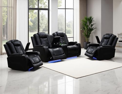Anthato Power Recliner Sofa Set, Black Leather Reclining Couch Chair