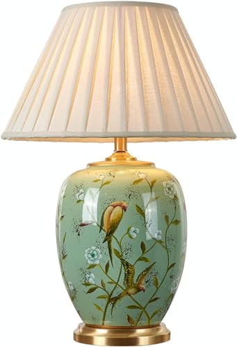 SWEMOPP Large Green Ceramic Table Lamp - Vintage Floral Porcelain Oriental Design for Living Room, Bedroom Nightstand, Study, Entry and Office