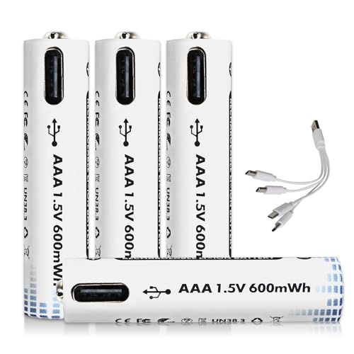 Anern Batterie al litio ricaricabili AAA da 1,5V USB ricaricabili agli ioni di litio AAA 3400mAh con cavo di ricarica 4 in 1 di tipo C, ricarica rapida, carica 1500 volte di ciclo (4 pezzi)