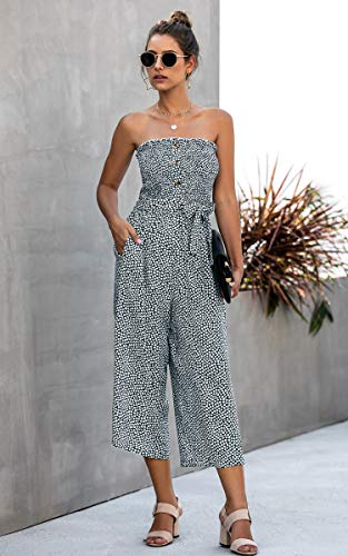Angashion Women’s Jumpsuit-Casual Off Shoulder Sleeveless Ruffle Button Belt Wide Leg Jumpsuits Rompers Summer Navy Blue M #TOP1