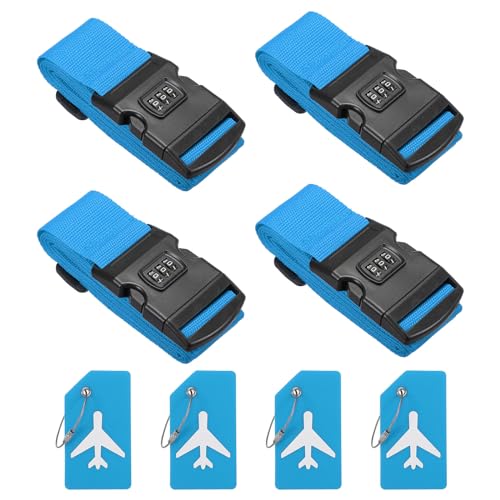 Image of PATIKIL Luggage Strap with Combination Lock Luggage Tag and Loop 78 inchx2 inch, 4 Set Adjustable Suitcase Belt for Travel Packing Bag Closure Identify, Sapphire Blue