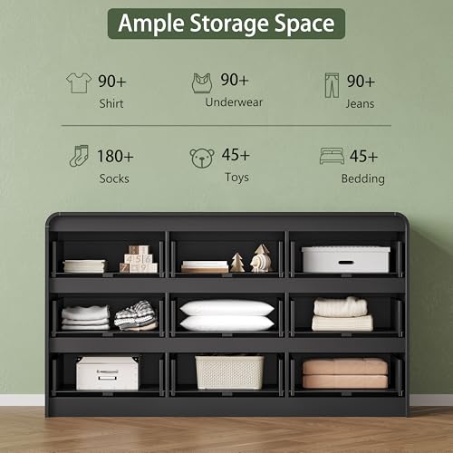 Image of 9 Drawer Dresser for Bedroom,59 inch Wide Fluted Dresser with Curved Edge and Ergonomic Handleless, Large Wooden Clothes Storage Organizer, Modern Chest of Drawers for Closet, Living Room,Black
