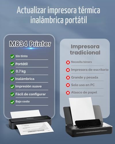 Miniatura 2 de Phomemo M834 Impresora Termica A4, Impresora Portatil Sin Tinta, Conexión De Smartphone Por Bluetooth, Admite Papel Térmico A4 210x297 Mm , 80mm, Impresora Portátil Movil, 300dpi