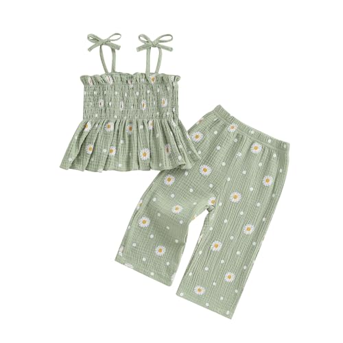 Image of Kaipiclos Toddler Girl Clothes Baby Summer Outfits Daisy Print Sleeveless Smocked Camisole Linen Pants 12 18 24 Month 3T 4T