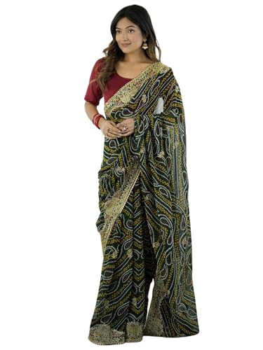 Image of Satrani Women's Georgette Bandhani Printed Embroidered gota lace Saree with Unstitched Blouse Piece