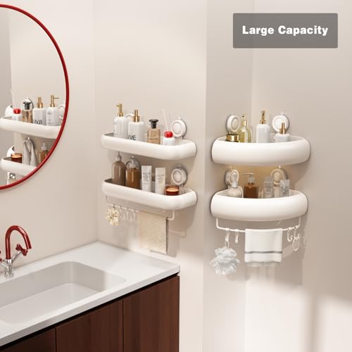 Voldra Duschablage Ohne Bohren, Duschregal Ecke Saugnapf Bogenförmiges Badezimmer Regal Wand Duschkorb mit Handtuchhalter Eckregal Bad Ablage Dusche Metall Regal Duschkorb Ohne Bohren(2 Stück, Weiß)