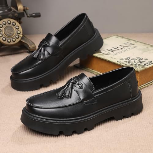 Image of Men's Black Soft Patent Leather Platform Chunky Heel Loafers Fashion Tassel Business Casual Formal Work Shoes Non-Slip Lug Sole Slip-On Penny Loafers