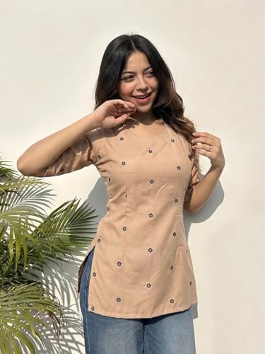 Image of ANNI Designer Women's Viscose Blend Printed Short Kurti | Straight Fit Ethnic Top with Square Neck | Bell Sleeve Indian Kurta for Office College, Party